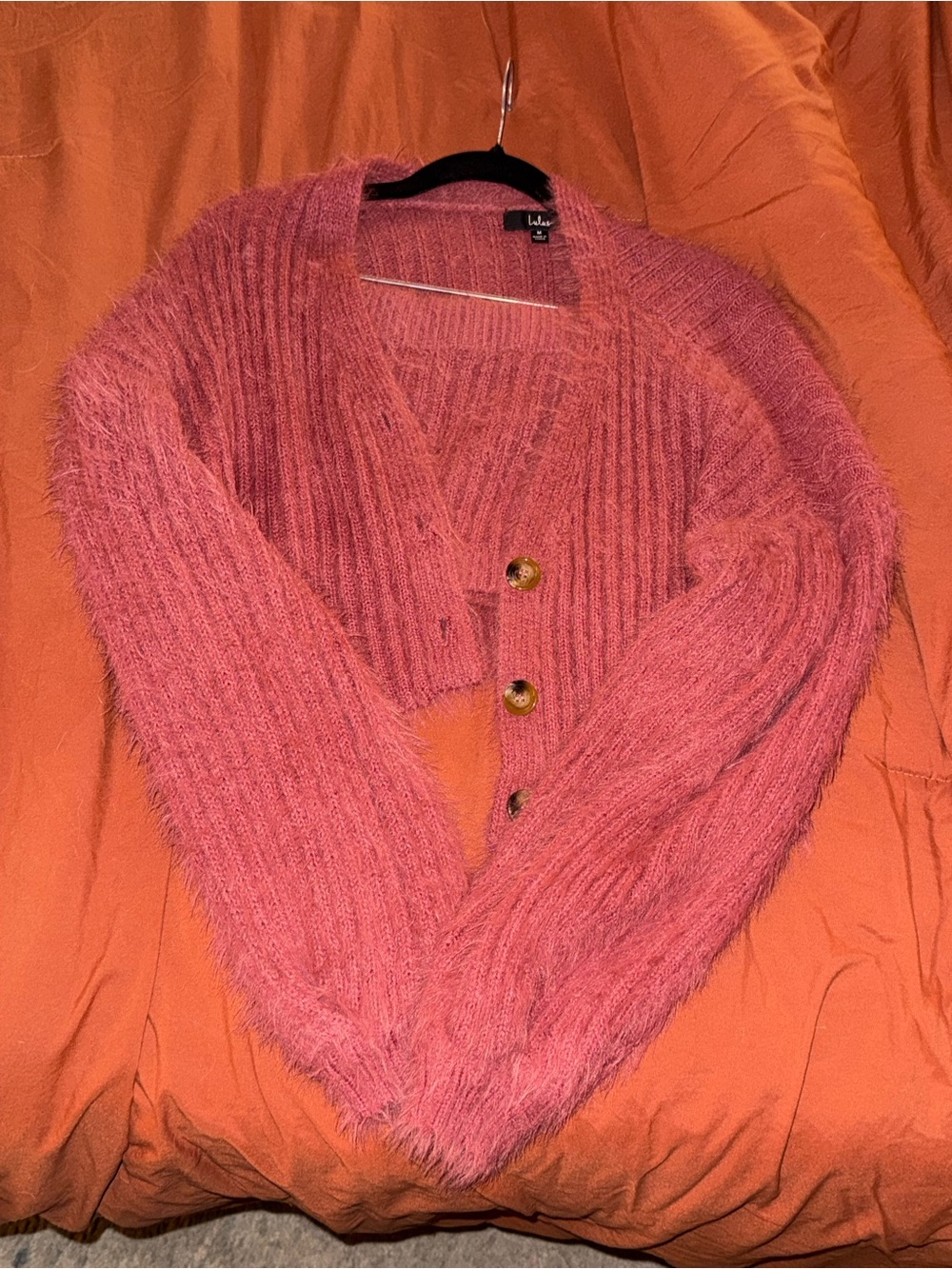 Lulu's Coral Pink Fuzzy Ribbed Button Cardigan
